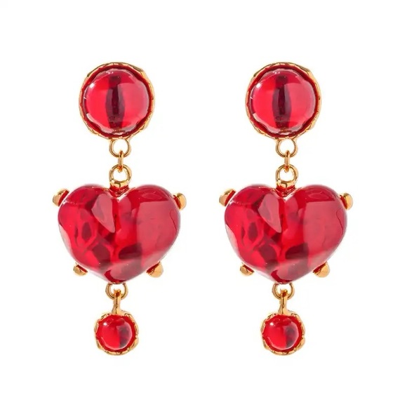 ◾️18k Gold Plated Red Heart Drop Earrings - Picture 2 of 7
